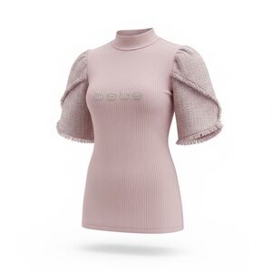 bebe Blush Pink Ribbed Puff Sleeve Blouse
